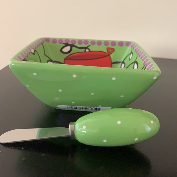 🎄GREAT HOSTESS GIFT Small serving bowl. New in box. Includes spreader. Green. - Picture 2 of 9